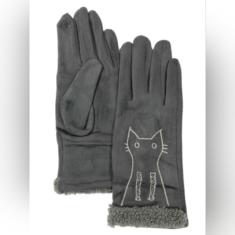Love Of Fashion  Smart Touch Gray Soft Vegan Suede Cat Kitty Gloves